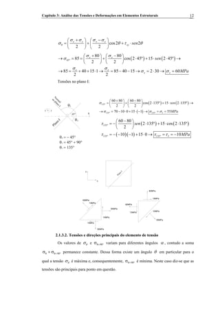 Capítulo 3: Análise das Tensões e Deformações em Elementos Estruturais 12
cos2 2
2 2
x y x y
xy senθ
σ σ σ σ
σ θ τ θ
+ −⎛ ⎞ ⎛ ⎞
= + + ⋅⎜ ⎟ ⎜ ⎟
⎝ ⎠ ⎝ ⎠
( ) ( )45º
80 80
85 cos 2 45º 15 2 45º
2 2
85 40 15 1 85 40 15 2 30 60
2 2
x x
x x
x x
sen
MPa
σ σ
σ
σ σ
σ σ
+ −⎛ ⎞ ⎛ ⎞
→ = = + ⋅ + ⋅ ⋅ →⎜ ⎟ ⎜ ⎟
⎝ ⎠ ⎝ ⎠
→ = + + ⋅ → = − − → = ⋅ → =
Tensões no plano I:
Plano
I
x
N
orm
al
ao
plano
I
45°
θ1
θ2
( + )
θ = − 45°2
θ = 45° + 90°1
θ = 135°1
( ) ( )
( )
135º
135º 135º
60 80 60 80
cos 2 135º 15 2 135º
2 2
70 10 0 15 1 55I
sen
MPa
σ
σ σ σ
+ −⎛ ⎞ ⎛ ⎞
= + ⋅ + ⋅ ⋅⎜ ⎟ ⎜ ⎟
⎝ ⎠ ⎝ ⎠
→ = − ⋅ + ⋅ − → = =
→
( ) ( )
( )( )
135º
135º 135º
60 80
2 135º 15 cos 2 135º
2
10 1 15 0 10I
sen
MPa
τ
τ τ τ
−⎛ ⎞
= − ⋅ + ⋅ ⋅⎜ ⎟
⎝ ⎠
= − − − + ⋅ → = = −
y
x
55MPa
10MPa
80MPa
15MPa
60MPa
15MPa
60MPa
15MPa
15MPa
80MPa
55MPa
10MPa
Plano
I
2.1.3.2. Tensões e direções principais do elemento de tensão
Os valores de θσ e °+θσ 90 variam para diferentes ângulos α , contudo a soma
permanece constante. Dessa forma existe um ângulo°+θθ σ+σ 90 θ em particular para o
qual a tensão θσ é máxima e, consequentemente, °+θσ 90 é mínima. Neste caso diz-se que as
tensões são principais para ponto em questão.
 