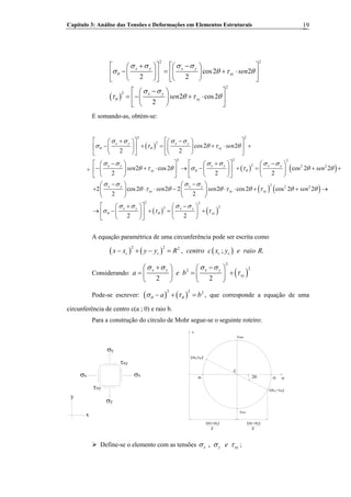 Capítulo 3: Análise das Tensões e Deformações em Elementos Estruturais 19
( )
2 2
2
2
cos2 2
2 2
2 cos2
2
x y x y
xy
x y
xy
sen
sen
θ
θ
σ σ σ σ
σ θ τ θ
σ σ
τ θ τ θ
⎡ + ⎤ ⎡ −⎛ ⎞ ⎛ ⎞
− = + ⋅⎢ ⎥ ⎢⎜ ⎟ ⎜ ⎟
⎝ ⎠ ⎝ ⎠⎣ ⎦ ⎣
⎡ − ⎤⎛ ⎞
= − + ⋅⎢ ⎥⎜ ⎟
⎝ ⎠⎣ ⎦
⎤
⎥
⎦
E somando-as, obtém-se:
( )
( ) ( )
2 2
2
2 2 2
2 2 2
cos2 2
2 2
2 cos2 cos 2 2
2 2 2
2 cos2 2 2 2
2 2
x y x y
xy
x y x y x y
xy
x y x y
xy
sen
sen sen
sen sen
θ θ
θ θ
σ σ σ σ
σ τ θ τ θ
σ σ σ σ σ σ
θ τ θ σ τ θ θ
σ σ σ σ
θ τ θ θ
⎡ + ⎤ ⎡ − ⎤⎛ ⎞ ⎛ ⎞
− + = + ⋅ +⎢ ⎥ ⎢ ⎥⎜ ⎟ ⎜ ⎟
⎝ ⎠ ⎝ ⎠⎣ ⎦ ⎣ ⎦
⎡ − ⎤ ⎡ + ⎤ −⎛ ⎞ ⎛ ⎞ ⎛ ⎞
− + ⋅ → − + = +⎢ ⎥ ⎢ ⎥⎜ ⎟ ⎜ ⎟ ⎜ ⎟
⎝ ⎠ ⎝ ⎠ ⎝ ⎠⎣ ⎦ ⎣ ⎦
− −⎛ ⎞ ⎛ ⎞
+ ⋅ ⋅ −⎜ ⎟ ⎜ ⎟
⎝ ⎠ ⎝ ⎠
( ) ( )
+
( ) ( )
2 2 2
2 2
22
cos2 cos 2 2
2 2
xy xy
x y x y
xy
sen
θ θ
τ θ τ θ θ
σ σ σ σ
σ τ τ
⋅ ⋅ + + →
⎡ + ⎤ −⎛ ⎞ ⎛ ⎞
→ − + = +⎢ ⎥⎜ ⎟ ⎜ ⎟
⎝ ⎠ ⎝ ⎠⎣ ⎦
+
A equação paramétrica de uma circunferência pode ser escrita como
( ) ( ) ( )
2 2 2
, ;c c c c .x x y y R centro c x y e raio R− + − =
Considerando: ( )
2
22
2 2
x y x y
xya e b
σ σ σ σ
τ
+ −⎛ ⎞ ⎛ ⎞
= =⎜ ⎟ ⎜ ⎟
⎝ ⎠ ⎝ ⎠
+
bPode-se escrever: ( ) ( )
2 2 2
aθ θσ τ− + = , que corresponde a equação de uma
circunferência de centro c(a ; 0) e raio b.
Para a construção do círculo de Mohr segue-se o seguinte roteiro:
y
x
σy
τxy
σx
σy
σx
xyτ
σ1 σ
(σy,τxy)
22
(σx+σy) (σx−σy)
τmín
C
2θ1
τmáx
(σx,−τxy)
σ2
τ
Define-se o elemento com as tensões ,x y xe yσ σ τ ;
 