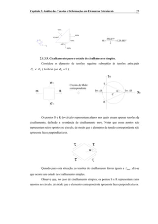 Capítulo 3: Análise das Tensões e Deformações em Elementos Estruturais 23
150Pa
217,95Pa
80MPa
400Pa
600Pa
400Pa
y
x
n
θ
°=
°
=θ 485129
2
97258
,
,
2.1.3.5. Cisalhamento puro e estado de cisalhamento simples.
Considere o elemento de tensões seguinte submetido ás tensões principais
1 e 2σ σ ( lembrar que 3 0σ = ).
2
σ2
σ1σ1
Círculo de Mohr
correspondente
C
α
S
R
σθ
τθ
( ; )σ 02 ( ; )σ 01
Os pontos S e R do círculo representam planos nos quais atuam apenas tensões de
cisalhamento, definido a ocorrência de cisalhamento puro. Notar que esses pontos não
representam raios opostos no círculo, de modo que o elemento de tensão correspondente não
apresenta faces perpendiculares.
α
ττ
τ τ
Quando para esta situação, as tensões de cisalhamento forem iguais a maxτ , diz-se
que ocorre um estado de cisalhamento simples.
Observe que, no caso de cisalhamento simples, os pontos S e R representam raios
opostos no círculo, de modo que o elemento correspondente apresenta faces perpendiculares.
 