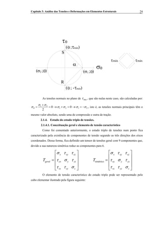 Capítulo 3: Análise das Tensões e Deformações em Elementos Estruturais 24
σθ
τθ
S
R
α
( ; )σ 01
( ; )σ 02
( ; - )τ0 máx
( ; )τ0 máx
máxτmáxτ
As tensões normais no plano de maxτ , que são nulas neste caso, são calculadas por:
1 2
1 2 10 0
2
θ 2
σ σ
σ σ σ σ σ
+
= = → + = → = −
⎤
⎥
⎥
⎥
⎦
, isto é, as tensões normais principais têm o
mesmo valor absoluto, sendo uma de compressão e outra de tração.
2.1.4. Estudo do estado triplo de tensões.
2.1.4.1. Conceituação geral e elemento de tensão característico
Como foi comentado anteriormente, o estado triplo de tensões num ponto fica
caracterizado pela existência de componentes de tensão segundo as três direções dos eixos
coordenados. Dessa forma, fica definido um tensor de tensões geral com 9 componentes que,
devido a sua natureza simétrica reduz as componentes para 6.
simétrico
x xy xz x xy xz
geral yx y yz xy y yz
zx zy z xz yz z
T T
σ τ τ σ τ τ
τ σ τ τ σ τ
τ τ σ τ τ σ
⎡ ⎤ ⎡
⎢ ⎥ ⎢
= =⎢ ⎥ ⎢
⎢ ⎥ ⎢
⎣ ⎦ ⎣
O elemento de tensão característico do estado triplo pode ser representado pelo
cubo elementar ilustrado pela figura seguinte:
 