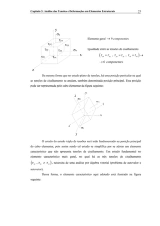 Capítulo 3: Análise das Tensões e Deformações em Elementos Estruturais 25
y
x
z
σy
σx
σz
τyx
τyz τxy
τxzτzy
τzx
Elemento geral 9 componentes→
Igualdade entre as tensões de cisalhamento
( ), ,yx xy yz zy zx xzτ τ τ τ τ τ= = = →
scomponente6→
Da mesma forma que no estado plano de tensões, há uma posição particular na qual
as tensões de cisalhamento se anulam, também denominada posição principal. Esta posição
pode ser representada pelo cubo elementar da figura seguinte:
2
1
σ2
σ1
σ3
y
x
z
3
O estudo do estado triplo de tensões será todo fundamentado na posição principal
do cubo elementar, pois assim sendo tal estudo se simplifica por se adotar um elemento
característico que não apresenta tensões de cisalhamento. Um estudo fundamental no
elemento característico mais geral, no qual há as três tensões de cisalhamento
( , )xy xz yzeτ τ τ , necessita de uma análise por álgebra vetorial (problema de autovalor e
autovetor).
Dessa forma, o elemento característico aqui adotado está ilustrado na figura
seguinte:
 