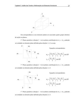 Capítulo 3: Análise das Tensões e Deformações em Elementos Estruturais 26
1
σ2
σ1
σ3
Em correspondência a esse elemento podem ser associados quatro grupos distintos
de seções ou planos:
Planos paralelos à direção 3 só recebem contribuição de→ 1 e 2σ σ , podendo
ser estudado no elemento plano definido pelas direções 1 e 2, ou seja:
2
1
σ1σ1
σ2
σ2
θ
τθ
σθ
Equações correspondentes:
1 2 1 2
1 2
cos2
2 2
cos2
2
θ
θ
σ σ σ σ
σ θ
σ σ
τ θ
+ −⎛ ⎞ ⎛ ⎞
= + ⋅⎜ ⎟ ⎜ ⎟
⎝ ⎠ ⎝ ⎠
−⎛ ⎞
= ⋅⎜ ⎟
⎝ ⎠
Planos paralelos à direção 2 só recebem contribuição de→ 1 e 3σ σ , podendo
ser estudado no elemento plano definido pelas direções 1 e 3.
3
1
σ1σ1
σ3
σ3
θ
τθ
σθ
Equações correspondentes:
1 3 1 3
1 3
cos2
2 2
cos2
2
θ
θ
σ σ σ σ
σ θ
σ σ
τ θ
+ −⎛ ⎞ ⎛ ⎞
= + ⋅⎜ ⎟ ⎜ ⎟
⎝ ⎠ ⎝ ⎠
−⎛ ⎞
= ⋅⎜ ⎟
⎝ ⎠
Planos paralelos à direção 1 →só recebem contribuição de 2 e 3σ σ , podendo
ser estudado no elemento plano definido pelas direções 2 e 3.
 