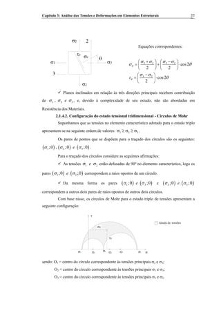 Capítulo 3: Análise das Tensões e Deformações em Elementos Estruturais 27
2
3
σ3σ3
σ2
σ2
θ
τθ
σθ
Equações correspondentes:
3 2 3 2
3 2
cos2
2 2
cos2
2
θ
θ
σ σ σ σ
σ θ
σ σ
τ θ
+ −⎛ ⎞ ⎛ ⎞
= + ⋅⎜ ⎟ ⎜ ⎟
⎝ ⎠ ⎝ ⎠
−⎛ ⎞
= ⋅⎜ ⎟
⎝ ⎠
Planos inclinados em relação às três direções principais recebem contribuição
de 1 2, e 3σ σ σ , e, devido à complexidade de seu estudo, não são abordadas em
Resistência dos Materiais.
2.1.4.2. Configuração do estado tensional tridimensional - Círculos de Mohr
Suponhamos que as tensões no elemento característico adotado para o estado triplo
apresentem-se na seguinte ordem de valores: 331 σ≥σ≥σ .
Os pares de pontos que se dispõem para o traçado dos círculos são os seguintes:
.( ) ( ) (1 2 3;0 , ;0 ;0eσ σ σ )
2
Para o traçado dos círculos considere as seguintes afirmações:
As tensões 1 eσ σ estão defasadas de 90º no elemento característico, logo os
pares ( ) correspondem a raios opostos de um círculo.(1 2;0 ;0eσ σ )
Da mesma forma os pares ( ) ( )1 3;0 ;0eσ σ e ( )
correspondem a outros dois pares de raios opostos de outros dois círculos.
(2 3;0 ;0eσ σ )
Com base nisso, os círculos de Mohr para o estado triplo de tensões apresentam a
seguinte configuração:
σ1 σσ3
τ
σ2
O3O2O1
τθ
σθ
lúnula de tensões
sendo: O1 = centro do círculo correspondente às tensões principais σ2 e σ3;
O2 = centro do círculo correspondente às tensões principais σ1 e σ3;
O3 = centro do círculo correspondente às tensões principais σ1 e σ2.
 