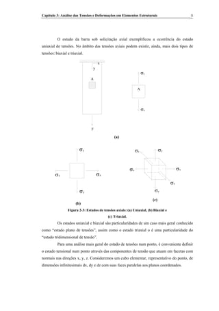 Capítulo 3: Análise das Tensões e Deformações em Elementos Estruturais 5
O estudo da barra sob solicitação axial exemplificou a ocorrência do estado
uniaxial de tensões. No âmbito das tensões axiais podem existir, ainda, mais dois tipos de
tensões: biaxial e triaxial.
yσ
yσ
x
y
A
F
A
(a)
yσ
yσ
xσxσ
yσ
yσ
xσ
zσ
xσ
zσ
(c)
(b)
Figura 2-3: Estados de tensões axiais: (a) Uniaxial, (b) Biaxial e
(c) Triaxial.
Os estados uniaxial e biaxial são particularidades de um caso mais geral conhecido
como “estado plano de tensões”, assim como o estado triaxial o é uma particularidade do
“estado tridimensional de tensão”.
Para uma análise mais geral do estado de tensões num ponto, é conveniente definir
o estado tensional num ponto através das componentes de tensão que atuam em facetas com
normais nas direções x, y, z. Consideremos um cubo elementar, representativo do ponto, de
dimensões infinitesimais dx, dy e dz com suas faces paralelas aos planos coordenados.
 