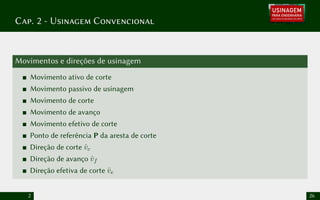Cap. 2 - Usinagem Convencional
Movimentos e direções de usinagem
Movimento ativo de corte
Movimento passivo de usinagem
Movimento de corte
Movimento de avanço
Movimento efetivo de corte
Ponto de referência P da aresta de corte
Direção de corte v̂c
Direção de avanço v̂f
Direção efetiva de corte v̂e
2 26
 