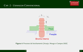 Cap. 2 - Usinagem Convencional
Vc
b
Fixação
Brocha Interna
Peça
Figura 4: Processo de brochamento [Araujo, Mougo e Campos 2020]
8 26
 