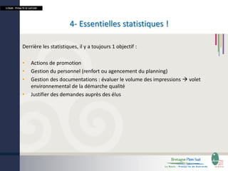 La Baule - Presqu’île de Guérande

4- Essentielles statistiques !
Derrière les statistiques, il y a toujours 1 objectif :
•
•
•

•

Actions de promotion
Gestion du personnel (renfort ou agencement du planning)
Gestion des documentations : évaluer le volume des impressions  volet
environnemental de la démarche qualité
Justifier des demandes auprès des élus

 