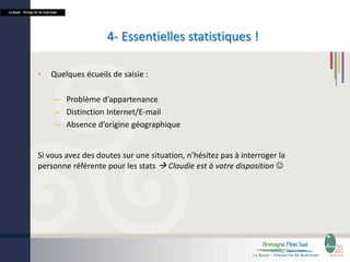 La Baule - Presqu’île de Guérande

4- Essentielles statistiques !
•

Quelques écueils de saisie :
– Problème d’appartenance
– Distinction Internet/E-mail
– Absence d’origine géographique

Si vous avez des doutes sur une situation, n’hésitez pas à interroger la
personne référente pour les stats  Claudie est à votre disposition 

 