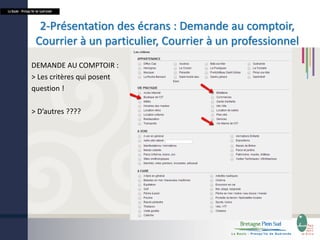 La Baule - Presqu’île de Guérande

2-Présentation des écrans : Demande au comptoir,
Courrier à un particulier, Courrier à un professionnel
DEMANDE AU COMPTOIR :
> Les critères qui posent
question !
> D’autres ????

 