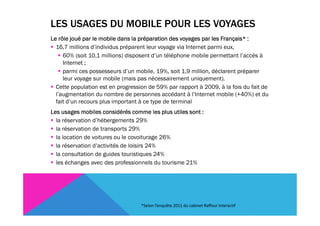 LES USAGES DU MOBILE POUR LES VOYAGES
Le rôle joué par le mobile dans la préparation des voyages par les Français* :
  16,7 millions d’individus préparent leur voyage via Internet parmi eux,
     60% (soit 10,1 millions) disposent d’un téléphone mobile permettant l’accès à
     Internet ;
     parmi ces possesseurs d’un mobile, 19%, soit 1,9 million, déclarent préparer
     leur voyage sur mobile (mais pas nécessairement uniquement).
  Cette population est en progression de 59% par rapport à 2009, à la fois du fait de
  l’augmentation du nombre de personnes accédant à l’Internet mobile (+40%) et du
  fait d’un recours plus important à ce type de terminal
Les usages mobiles considérés comme les plus utiles sont :
  la réservation d’hébergements 29%
  la réservation de transports 29%
  la location de voitures ou le covoiturage 26%
  la réservation d’activités de loisirs 24%
  la consultation de guides touristiques 24%
  les échanges avec des professionnels du tourisme 21%




                                   *Selon l’enquête 2011 du cabinet Raffour Interactif
 