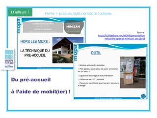 Et ailleurs ?
Source :
http://fr.slideshare.net/MOPA/presentation-
rencontre-apex-ot-mimizan-29012015
Du pré-accueil
à l’aide de mobil(ier) !
PARTIE 1 - L’ACCUEIL DANS L’OFFICE DE TOURISME
 
