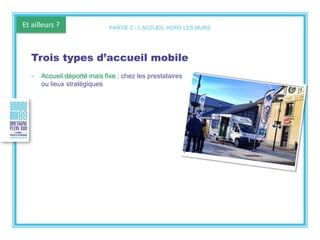 Et ailleurs ?
Trois types d’accueil mobile
- Accueil déporté mais fixe : chez les prestataires
ou lieux stratégiques
PARTIE 2 - L’ACCUEIL HORS LES MURS
 