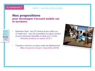Et maintenant ?
Nos propositions
pour développer l’accueil mobile sur
le territoire
- Opération flash : les OT sortent de leur office sur
un week-end : tous les conseillers en séjour sortent
et sont clairement identifiés à l’aide d’un T-shirt…
- Première tentative en saison 2015 ?
- Triporteur commun ou autre mode de déplacement
- Mise en œuvre à moyen / long terme (2016)
PARTIE 2 - L’ACCUEIL HORS LES MURS
 