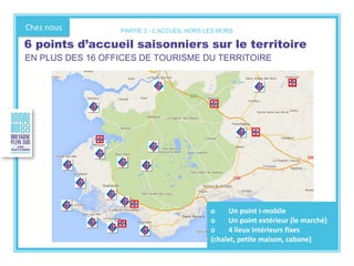o Un point i-mobile
o Un point extérieur (le marché)
o 4 lieux intérieurs fixes
(chalet, petite maison, cabane)
Chez nous
6 points d’accueil saisonniers sur le territoire
EN PLUS DES 16 OFFICES DE TOURISME DU TERRITOIRE
PARTIE 2 - L’ACCUEIL HORS LES MURS
 