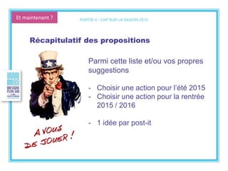 Et maintenant ?
Récapitulatif des propositions
Parmi cette liste et/ou vos propres
suggestions
- Choisir une action pour l’été 2015
- Choisir une action pour la rentrée
2015 / 2016
- 1 idée par post-it
PARTIE 4 - CAP SUR LA SAISON 2015
 
