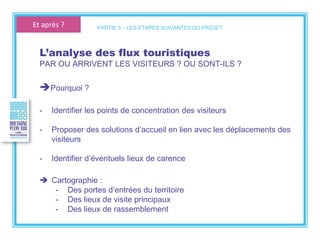 L’analyse des flux touristiques
PAR OU ARRIVENT LES VISITEURS ? OU SONT-ILS ?
Pourquoi ?
- Identifier les points de concentration des visiteurs
- Proposer des solutions d’accueil en lien avec les déplacements des
visiteurs
- Identifier d’éventuels lieux de carence
 Cartographie :
- Des portes d’entrées du territoire
- Des lieux de visite principaux
- Des lieux de rassemblement
PARTIE 5 – LES ETAPES SUIVANTES DU PROJETEt après ?
 