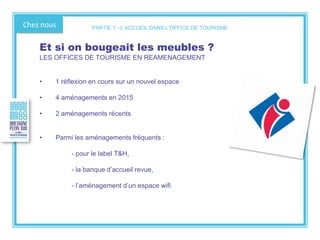 Chez nous
Et si on bougeait les meubles ?
LES OFFICES DE TOURISME EN REAMENAGEMENT
• 1 réflexion en cours sur un nouvel espace
• 4 aménagements en 2015
• 2 aménagements récents
• Parmi les aménagements fréquents :
- pour le label T&H,
- la banque d’accueil revue,
- l’aménagement d’un espace wifi
PARTIE 1 - L’ACCUEIL DANS L’OFFICE DE TOURISME
 