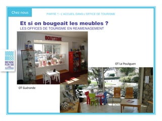 Chez nous
Et si on bougeait les meubles ?
LES OFFICES DE TOURISME EN REAMENAGEMENT
OT Guérande
OT Le Pouliguen
PARTIE 1 - L’ACCUEIL DANS L’OFFICE DE TOURISME
 