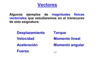 Vectores

Algunos ejemplos de magnitudes físicas
vectoriales que estudiaremos en el transcurso
de esta asignatura:


    D...