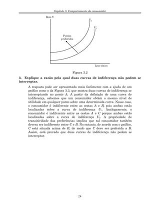 Capítulo 3: Comportamento do consumidor
Bem Y
Lixo tóxico
Pontos
preferidos
U2
U1
Figura 3.2
3. Explique a razão pela qual duas curvas de indiferença não podem se
interceptar.
A resposta pode ser apresentada mais facilmente com a ajuda de um
gráfico como o da Figura 3.3, que mostra duas curvas de indiferença se
interceptando no ponto A. A partir da definição de uma curva de
indiferença, sabemos que um consumidor obtém o mesmo nível de
utilidade em qualquer ponto sobre uma determinada curva. Nesse caso,
o consumidor é indiferente entre as cestas A e B, pois ambas estão
localizadas sobre a curva de indiferença U1. Analogamente, o
consumidor é indiferente entre as cestas A e C porque ambas estão
localizadas sobre a curva de indiferença U2. A propriedade de
transitividade das preferências implica que tal consumidor também
devera ser indiferente entre C e B. No entanto, de acordo com o gráfico,
C está situada acima de B, de modo que C deve ser preferida a B.
Assim, está provado que duas curvas de indiferença não podem se
interceptar.
24
 