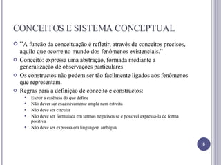 CONCEITOS E SISTEMA CONCEPTUAL “ A função da conceituação é refletir, através de conceitos precisos, aquilo que ocorre no mundo dos fenômenos existenciais.” Conceito: expressa uma abstração, formada mediante a generalização de observações particulares Os constructos não podem ser tão facilmente ligados aos fenômenos que representam. Regras para a definição de conceito e constructos: Expor a essência do que define Não dever ser excessivamente ampla nem estreita Não deve ser circular Não deve ser formulada em termos negativos se é possível expressá-la de forma positiva Não deve ser expressa em linguagem ambígua 