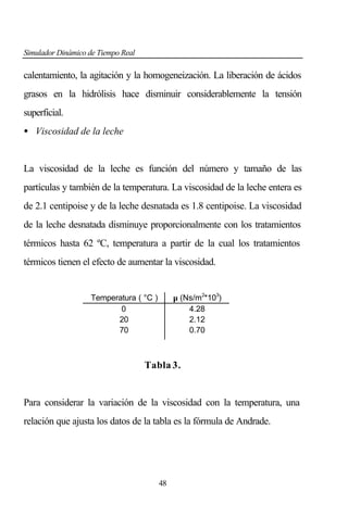 Simulador Dinámico de Tiempo Real

calentamiento, la agitación y la homogeneización. La liberación de ácidos
grasos en la hidrólisis hace disminuir considerablemente la tensión
superficial.
• Viscosidad de la leche

La viscosidad de la leche es función del número y tamaño de las
partículas y también de la temperatura. La viscosidad de la leche entera es
de 2.1 centipoise y de la leche desnatada es 1.8 centipoise. La viscosidad
de la leche desnatada disminuye proporcionalmente con los tratamientos
térmicos hasta 62 ºC, temperatura a partir de la cual los tratamientos
térmicos tienen el efecto de aumentar la viscosidad.

µ (Ns/m2*103)
4.28
2.12
0.70

Temperatura ( °C )
0
20
70

Tabla 3.

Para considerar la variación de la viscosidad con la temperatura, una
relación que ajusta los datos de la tabla es la fórmula de Andrade.

48

 