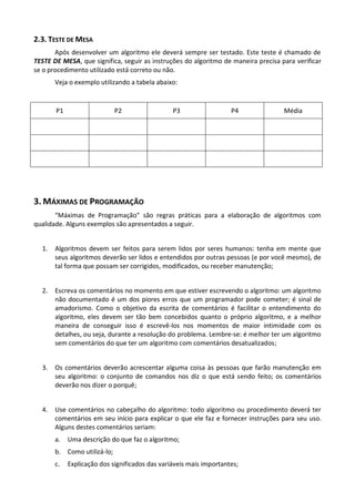 2.3. TESTE DE MESA
       Após desenvolver um algoritmo ele deverá sempre ser testado. Este teste é chamado de
TESTE DE MESA, que significa, seguir as instruções do algoritmo de maneira precisa para verificar
se o procedimento utilizado está correto ou não.
       Veja o exemplo utilizando a tabela abaixo:


       P1                    P2                 P3                  P4              Média




3. MÁXIMAS DE PROGRAMAÇÃO
       “Máximas de Programação” são regras práticas para a elaboração de algoritmos com
qualidade. Alguns exemplos são apresentados a seguir.


  1.   Algoritmos devem ser feitos para serem lidos por seres humanos: tenha em mente que
       seus algoritmos deverão ser lidos e entendidos por outras pessoas (e por você mesmo), de
       tal forma que possam ser corrigidos, modificados, ou receber manutenção;


  2.   Escreva os comentários no momento em que estiver escrevendo o algoritmo: um algoritmo
       não documentado é um dos piores erros que um programador pode cometer; é sinal de
       amadorismo. Como o objetivo da escrita de comentários é facilitar o entendimento do
       algoritmo, eles devem ser tão bem concebidos quanto o próprio algoritmo, e a melhor
       maneira de conseguir isso é escrevê-los nos momentos de maior intimidade com os
       detalhes, ou seja, durante a resolução do problema. Lembre-se: é melhor ter um algoritmo
       sem comentários do que ter um algoritmo com comentários desatualizados;


  3.   Os comentários deverão acrescentar alguma coisa às pessoas que farão manutenção em
       seu algoritmo: o conjunto de comandos nos diz o que está sendo feito; os comentários
       deverão nos dizer o porquê;


  4.   Use comentários no cabeçalho do algoritmo: todo algoritmo ou procedimento deverá ter
       comentários em seu início para explicar o que ele faz e fornecer instruções para seu uso.
       Alguns destes comentários seriam:
       a.   Uma descrição do que faz o algoritmo;
       b. Como utilizá-lo;
       c.   Explicação dos significados das variáveis mais importantes;
 