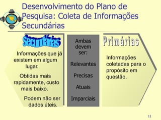 Desenvolvimento do Plano de
   Pesquisa: Coleta de Informações
   Secundárias
                       Ambas
                       devem
 Informações que já     ser:
existem em algum                   Informações
     lugar.           Relevantes   coletadas para o
                                   propósito em
  Obtidas mais         Precisas    questão.
rapidamente, custo
   mais baixo.          Atuais

    Podem não ser     Imparciais
     dados úteis.

                                                      11
 