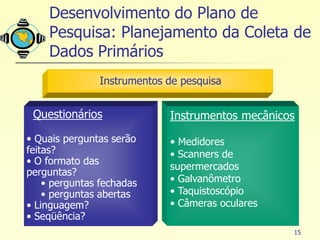 Desenvolvimento do Plano de
    Pesquisa: Planejamento da Coleta de
    Dados Primários
               Instrumentos de pesquisa


 Questionários              Instrumentos mecânicos
• Quais perguntas serão     • Medidores
feitas?                     • Scanners de
• O formato das
                            supermercados
perguntas?
    • perguntas fechadas    • Galvanômetro
    • perguntas abertas     • Taquistoscópio
• Linguagem?                • Câmeras oculares
• Seqüência?
                                                 15
 