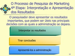 O Processo de Pesquisa de Marketing
   4ª Etapa: Interpretação e Apresentação
   dos Resultados
   O pesquisador deve apresentar os resultados
 importantes, que podem ser úteis nas principais
decisões com as quais a administração se depara.

         Interpretar os resultados



        Tirar conclusões


        Apresentá-los a administração
                                              18
 