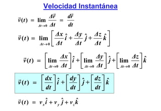 Velocidad Instantánea
                 Δr   dr
v ( t ) = lim       =
          Δt → 0 Δt   dt
                 ⎡ Δx ˆ Δy ˆ Δz ˆ ⎤
v ( t ) = lim ⎢       i+    j+   k⎥
          Δt → 0 ⎣ Δt    Δt    Δt ⎦

            ⎡        Δx ⎤ ˆ ⎡        Δy ⎤ ˆ ⎡        Δz ⎤ ˆ
  v ( t ) = ⎢ lim       ⎥ i + ⎢ lim0 Δt ⎥ j + ⎢ lim0 Δt ⎥ k
            ⎣ Δt → 0 Δt ⎦     ⎣ Δt →    ⎦     ⎣ Δt →    ⎦
         ⎡ dx ⎤ ˆ ⎡ dy ⎤ ˆ ⎡ dz ⎤ ˆ
v (t ) = ⎢ ⎥ i + ⎢ ⎥ j + ⎢ ⎥ k
         ⎣ dt ⎦   ⎣ dt ⎦   ⎣ dt ⎦

v (t ) = v x i + v y ˆ + vz k
             ˆ       j      ˆ
 