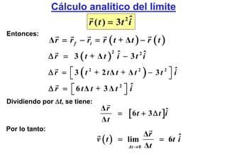 Cálculo analítico del límite
                                        ˆ
                         r ( t ) = 3t 2 i
Entonces:
                Δ r = r f − ri = r ( t + Δ t ) − r ( t )
                Δ r = 3 (t + Δt ) i − 3t 2i
                                  ˆ       ˆ
                                       2



                Δ r = ⎡ 3 ( t 2 + 2 tΔ t + Δ t 2 ) − 3 t 2 ⎤ i
                      ⎣                                    ⎦
                                                             ˆ

                Δ r = ⎡ 6 tΔ t + 3 Δ t 2 ⎤ iˆ
                      ⎣                   ⎦
Dividiendo por Δt, se tiene:
                                  Δr
                                  Δt
                                           =   [ 6 t + 3 Δ t ]iˆ
Por lo tanto:
                                                    Δr
                                 v (t )    = lim             ˆ
                                                        = 6t i
                                             Δt → 0 Δ t
 