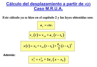 Cálculo del desplazamiento a partir de v(t)
                Caso M.R.U.A.

Este cálculo ya se hizo en el capítulo 2 y las leyes obtenidas son:

                                a x = cte .


                     v x ( t ) = v x0 + a x ( t − t 0 )

                                                  ax
               x ( t ) = x 0 + v x0 ( t − t 0 ) +    ( t − t0 )
                                                                2

                                                  2

Además:
                       v x = v x0 + 2 a x ( x − x 0 )
                         2     2
 