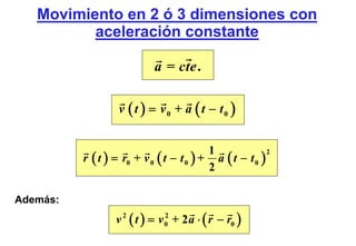 Movimiento en 2 ó 3 dimensiones con
          aceleración constante

                            a = cte .

                   v ( t ) = v0 + a ( t − t0 )


                                          1
          r ( t ) = r0 + v 0 ( t − t 0 ) + a ( t − t 0 )
                                                         2

                                          2

Además:
                  v 2 ( t ) = v 0 + 2 a ⋅ ( r − r0 )
                                2
 