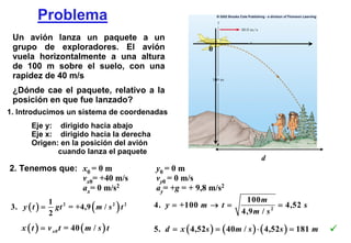 Problema
 Un avión lanza un paquete a un
 grupo de exploradores. El avión                              0
 vuela horizontalmente a una altura
 de 100 m sobre el suelo, con una
 rapidez de 40 m/s
 ¿Dónde cae el paquete, relativo a la
 posición en que fue lanzado?
1. Introducimos un sistema de coordenadas
       Eje y: dirigido hacia abajo
       Eje x: dirigido hacia la derecha
       Origen: en la posición del avión
              cuando lanza el paquete
                                                                               d
2. Tenemos que: x0 = 0 m                    y0 = 0 m
                vx0= +40 m/s                vy0 = 0 m/s
                ax= 0 m/s2                  ay= +g = + 9,8 m/s2
            1                                                             100 m
3. y ( t ) = gt 2 = + 4,9 ( m / s 2 ) t 2   4. y = + 100 m → t =                     = 4,52 s
            2                                                            4,9 m / s 2

   x ( t ) = v x0 t = 40 ( m / s ) t        5. d = x ( 4,52 s ) = ( 40 m / s ) ⋅ ( 4,52 s ) = 181 m
 