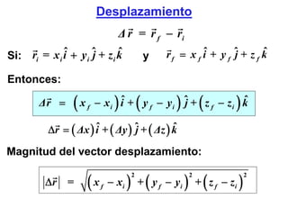 Desplazamiento
                                 Δ r = r f − ri
Si: ri = x i i + y i ˆ + z i k
             ˆ       j       ˆ            y       rf = x f i + y f ˆ + z f k
                                                           ˆ       j       ˆ

Entonces:

        Δr =     (              ) (                 )
                     x f − xi i + y f − yi ˆ + z f − zi k
                              ˆ            j            ˆ    (          )
          Δr = ( Δx ) i + ( Δy ) ˆ + ( Δz ) k
                      ˆ          j          ˆ

Magnitud del vector desplazamiento:

                      (x              ) +(y              ) +(z              )
                                      2                  2                      2
         Δr =              f   − xi           f   − yi           f   − zi
 