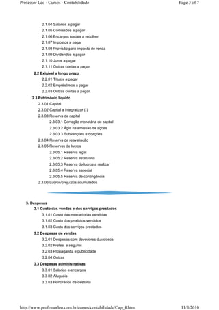 Professor Leo - Cursos - Contabilidade                          Page 3 of 7



            2.1.04 Salários a pagar
            2.1.05 Comissões a pagar
            2.1.06 Encargos sociais a recolher
            2.1.07 Impostos a pagar
            2.1.08 Provisão para imposto de renda
            2.1.09 Dividendos a pagar
            2.1.10 Juros a pagar
            2.1.11 Outras contas a pagar
       2.2 Exigível a longo prazo
            2.2.01 Títulos a pagar
            2.2.02 Empréstimos a pagar
            2.2.03 Outras contas a pagar
      2.3 Patrimônio líquido
          2.3.01 Capital
          2.3.02 Capital a integralizar (-)
          2.3.03 Reserva de capital
                 2.3.03.1 Correção monetária do capital
                 2.3.03.2 Ágio na emissão de ações
                 2.3.03.3 Subvenções e doações
          2.3.04 Reserva de reavaliação
          2.3.05 Reservas de lucros
                 2.3.05.1 Reserva legal
                 2.3.05.2 Reserva estatuária
                 2.3.05.3 Reserva de lucros a realizar
                 2.3.05.4 Reserva especial
                 2.3.05.5 Reserva de contingência
          2.3.06 Lucros/prejuízos acumulados




   3. Despesas
       3.1 Custo das vendas e dos serviços prestados
            3.1.01 Custo das mercadorias vendidas
            3.1.02 Custo dos produtos vendidos
            3.1.03 Custo dos serviços prestados
       3.2 Despesas de vendas
            3.2.01 Despesas com devedores duvidosos
            3.2.02 Fretes e seguros
            3.2.03 Propaganda e publicidade
            3.2.04 Outras
       3.3 Despesas administrativas
            3.3.01 Salários e encargos
            3.3.02 Aluguéis
            3.3.03 Honorários da diretoria




http://www.professorleo.com.br/cursos/contabilidade/Cap_4.htm    11/8/2010
 