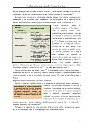 Insuficiencia cardiaca crónica. Dr. Fernando de la Serna
61
Muchas investigaciones actuales muestran que el AT2
tiene también funciones promotoras del
crecimiento, y en algunos casos comparte con AT1 caminos comunes de señalamiento
[63]
.
Su acción sobre el crecimiento está dirigida a distintas células, incluyendo las mesangiales, las
endoteliales y las musculares lisas. Intervendrían las tirosino-kinasas en la transducción de
[5]
señales vinculadas con la contracción y el crecimiento operadas desde los receptores AT .1
TABLA 4-I
Efectos
vasculares
Manifestaciones
Ejerce influencias sobre la
acumulación colágena en los tejidos y
sobre la migración celular. Tiene
Vasoconstricción Estimula AT.1
Libera ET-1 y N-A
Reduce actividad NO y produce
peroxinitrito
Inflamación Activa NADH/NADPH oxidasa y
produce aniónsuperóxido.
Induce MCP-1, VCAM, TNF-α , IL-
6
Activa monocitos/macrófagos
Remodelamiento Estimula migración CML,
hipertrofia, replicación.
Induce PDGF, bFGF, IGF-1; TGF-
β
Estimula producción de
glucoproteínas y
métaloproteinasas (MMP) de
la matrizextracelular
Trombosis Estimula síntesis de PAI-1 y
altera tPA/PAI-1.
Activa plaquetas con aumento
de agregacióny adhesión
características proinflamatorias y estimula
la producción de Factores de Crecimiento
como el PDGF y vasoconstrictores como
la ET-1. De esta forma es un factor muy
importante de la integridad anátomo-
funcional de la pared arterial y en
procesos que regulan la presión arterial.
Las acciones (múltiples) de la Ang II
están mediadas por sistemas de
señalamiento complejos que se ponen en
marcha cuando la hormona se liga a su
receptor. Asi recibirán información
proteínas intracelulares que intervienen en la contracción, crecimiento celular, migración celular,
mitogénesis, apoptosis, diferenciación, etc.
[58]
, Ver Tabla 4-I (tomada de Dzau
[54]
).
Hemos visto más atrás que según Henrion
[76]
la estimulación de AT2 inhibe el crecimiento y
proliferación del músculo liso vascular y cardiaco, estimula apoptosis, y promueve síntesis de la
matriz extracelular. In vivo la estimulación crónica del receptor AT2 lleva a hipertrofia cardiaca y
fibrosis.
Regulación de funciones renales, vasculares y cardiacas
La Ang II juega un importante papel en la regulación de las funciones renales, vasculares y
El estiramiento de los miocitos estimula
la liberación de Ang II, quien entonces
actúa como mediador inicial de la
respuesta hipertrófica inducida por
estiramiento. Se ha encontrado Ang II
en gránulos contenidos dentro de los
miocitos.
cardíacas. Sus funciones principales se vinculan a
modulación (favorecedora) de la trasmisión sináptica,
estimulación de secreción de la arginina-vasopresina
(AVP) u Hormona Antidiurética Hipotálamo-
hipofisaria, estimulación de la sed, vasoconstricción,
estimulación de la secreción de aldosterona por la
+
corteza suprarrenal, y acción mitogénica. Modula la excreción renal de Na , y la contracción y
relajación miocárdica y el tono vascular
[4]
.
Participa en la regulación del tono vasomotor, del crecimiento celular y de apoptosis, jugando
así un muy importante papel en la fisiopatología de la insuficiencia cardiaca.
 