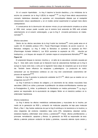 Insuficiencia cardiaca crónica. Dr. Fernando de la Serna
62
En el corazón hipertrofiado , la Ang II deprime la función diastólica, y los inhibidores de la
enzima de conversión de la Ang II (IECA) la mejoran
[77,78]
. La Ang II tiene efecto vasoconstrictor
coronario habiéndose observado en pacientes con miocardiopatía dilatada que el enalaprilat
intracoronario induce vasodilatación y en el modelo animal experimental el quinapril tiene efecto
cardioprotector.
A consecuencia de la disminución del volumen minuto y/o por estimulación simpática se activa
el SRA renal; aunque puede suceder que el sistema local autacoide de SRA esté activado
selectivamente en el corazón sobrecargado, y que la Ang II circulante permanezca en niveles
normales
[79]
.
Efectos vasculares
Dentro de los efectos vasculares de la Ang II están las trombosis
[55]
, como puede verse en el
cuadro 4-II. El endotelio produce t-PA ( Tisular Plasminogen Activator), de acción crucial en la
fibrinolisis endógena. La Ang II inhibe la fibrinolisis al aumentar la expresión de PAI-1
(Plasminogen Activator Inhibitor-1). Los IECA aumentan la expresión de t-PA inducida por
bradiquinina, y el bloqueo del receptor AT1 también mejora el comportamiento fibrinolítico
[80-82]
. Ver
Figura 4-4
El propranolol bloquea la necrosis miocítica y el daño de la vasculatura coronaria causada por
Ang II . Este daño sería iniciado por la liberación local de catecolaminas facilitado por la Ang II,
aunque la injuria sería leve y corta por la regulación hacia abajo de receptores que se ve al tercer
día. También tienen influencia los receptores α1
-adrenérgicos. La producción de matriz
extracelular por los fibroblastos cardiacos es una muy bien caracterizada característica del
proceso de reparación
[83-85]
.
Además la Ang II aumenta la producción endotelial de ET-1
[75]
, efecto que se revierte con un
antagonista de la ET-1
[86]
.
La Ang II estimula la síntesis de colágeno y el crecimiento de las células musculares lisas
vasculares (CMLV) en cultivo y promueve la proliferación de células simil-fibroblastos mientras que
[83]
la Prostaglandina E2
inhibe la proliferación de fibroblastos en medios pulmonares . La Ang II
parece ser responsable de la acumulación de colágeno fibrilar en el intersticio cardíaco en la
enfermedad hipertensiva.
Efectos metabólicos
La Ang II atenúa los efectos metabólicos cardiovasculares y musculares de la insulina, por
medio de la generación de ROS y activación de moléculas pequeñas de bajo peso molecular
RhoA y Rac-1. Hay fuertes evidencias de que la Ang II contribuye a la resistencia a la insulina y a
otros integrantes del síndrome metabólico tales como HTA, dislipidemia, obesidad central,
esteatosis hepática, enfermedad renal crónica, y proteinuria
[87]
. Posee efectos proinflamatorios y
promueve remodelación, apoptosis y fibrosis. La generación de ROS es responsable de esos
efectos y además producen oxidación de lípidos y proteínas, causando además injuria celular y
 