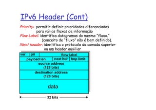 IPv6 Header (Cont)
Priority: permitir definir prioridades diferenciadas
         para vários fluxos de informação
Flow Label: identifica datagramas do mesmo “fluxo.”
             (conceito de “fluxo” não é bem definido).
Next header: identifica o protocolo da camada superior
              ou um header auxiliar
 