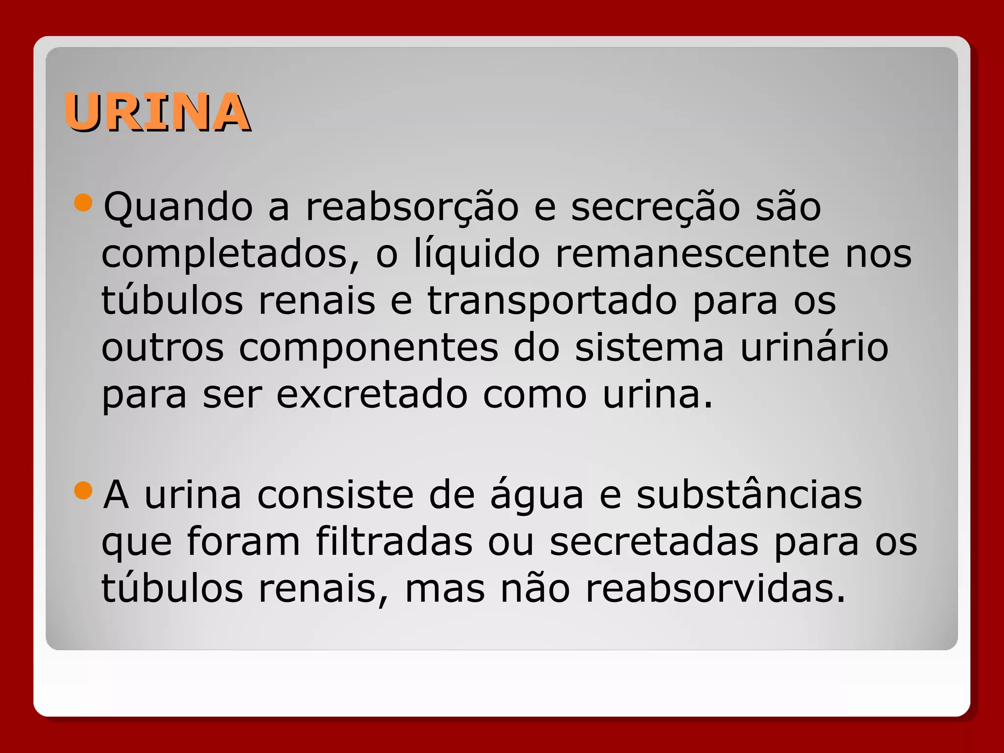 URINAURINA
Quando a reabsorção e secreção são
completados, o líquido remanescente nos
túbulos renais e transportado para os
outros componentes do sistema urinário
para ser excretado como urina.
A urina consiste de água e substâncias
que foram filtradas ou secretadas para os
túbulos renais, mas não reabsorvidas.
 