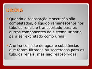 URINA Quando a reabsorção e secreção são completados, o líquido remanescente nos túbulos renais e transportado para os outros componentes do sistema urinário para ser excretado como urina. A urina consiste de água e substâncias que foram filtradas ou secretadas para os túbulos renais, mas não reabsorvidas.  