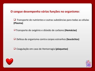 O sangue desempenha várias funções no organismo:  Transporte de nutrientes e outras substâncias para todas as células  (Plasma)   Transporte de oxigénio e dióxido de carbono  (Hemácias)   Defesa do organismo contra corpos estranhos  (leucócitos) Coagulação em caso de Hemorragia  (plaquetas) 