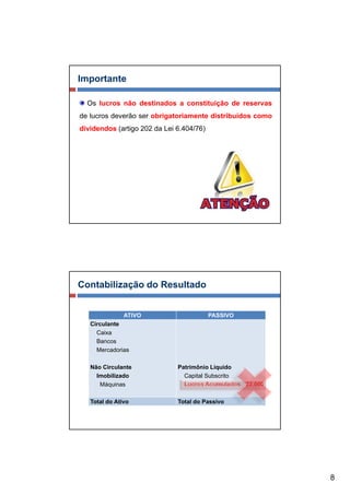 Importante

  Os lucros não destinados a constituição de reservas
de lucros deverão ser obrigatoriamente distribuídos como
dividendos (artigo 202 da Lei 6.404/76)




Contabilização do Resultado


               ATIVO                      PASSIVO
   Circulante
     Caixa
     Bancos
     Mercadorias

   Não Circulante             Patrimônio Líquido
     Imobilizado                Capital Subscrito
      Máquinas                  Lucros Acumulados 22.000

   Total do Ativo             Total do Passivo




                                                           8
 