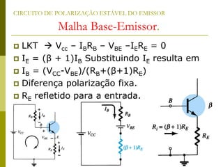 CIRCUITO DE POLARIZAÇÃO ESTÁVEL DO EMISSOR
Malha Base-Emissor.
 LKT  Vcc – IBRB – VBE –IERE = 0
 IE = (β + 1)IB Substituindo IE resulta em
 IB = (VCC-VBE)/(RB+(β+1)RE)
 Diferença polarização fixa.
 RE refletido para a entrada.
 