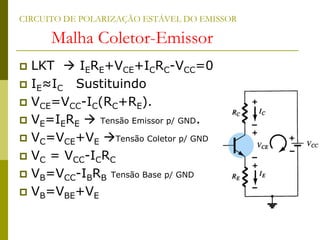 CIRCUITO DE POLARIZAÇÃO ESTÁVEL DO EMISSOR
Malha Coletor-Emissor
 LKT  IERE+VCE+ICRC-VCC=0
 IE≈IC Sustituindo
 VCE=VCC-IC(RC+RE).
 VE=IERE  Tensão Emissor p/ GND.
 VC=VCE+VE Tensão Coletor p/ GND
 VC = VCC-ICRC
 VB=VCC-IBRB Tensão Base p/ GND
 VB=VBE+VE
 