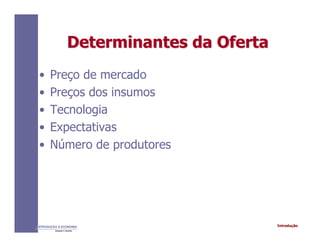 IntroduçãoINTRODUÇÃO À ECONOMIA
Alexandre C. Nicolella
Determinantes da OfertaDeterminantes da Oferta
• Preço de mercado
• Preços dos insumos
• Tecnologia
• Expectativas
• Número de produtores
 