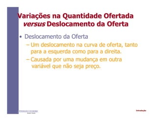 IntroduçãoINTRODUÇÃO À ECONOMIA
Alexandre C. Nicolella
VariaVariaçções na Quantidade Ofertadaões na Quantidade Ofertada
versusversus Deslocamento da OfertaDeslocamento da Oferta
• Deslocamento da Oferta
– Um deslocamento na curva de oferta, tanto
para a esquerda como para a direita.
– Causada por uma mudança em outra
variável que não seja preço.
 