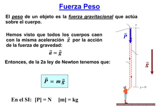 Fuerza Peso
El peso de un objeto es la fuerza gravitacional que actúa
sobre el cuerpo.

Hemos visto que todos los cuerpos caen            P
con la misma aceleración g por la acción
de la fuerza de gravedad:
                  a=g
Entonces, de la 2a ley de Newton tenemos que:
                                                            g

                P = mg


  En el SI: [P] = N   [m] = kg
 