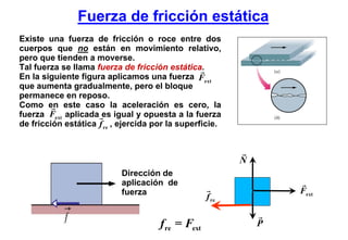 Fuerza de fricción estática
Existe una fuerza de fricción o roce entre dos
cuerpos que no están en movimiento relativo,
pero que tienden a moverse.
Tal fuerza se llama fuerza de fricción estática.
En la siguiente figura aplicamos una fuerza Fext
que aumenta gradualmente, pero el bloque
permanece en reposo.
Como en este caso la aceleración es cero, la
fuerza Fext aplicada es igual y opuesta a la fuerza
de fricción estática f re , ejercida por la superficie.



                                                           N
                           Dirección de
                           aplicación de
                           fuerza                                  Fext
                                                    f re


                                      f re = Fext              P
 